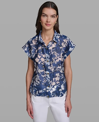 Karl Lagerfeld Paris Petite Printed Collared Neck Bungee Top