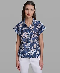 Karl Lagerfeld Paris Petite Printed Collared Neck Bungee Top