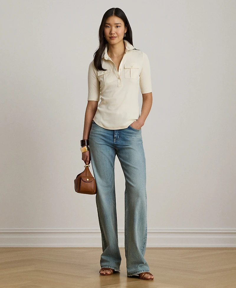 Lauren Ralph Petite Rib-Knit Slim Fit Collared Top