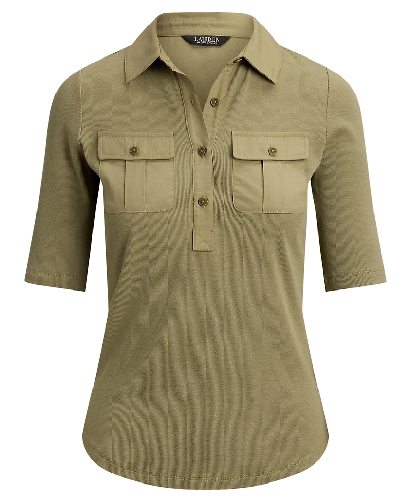 Lauren Ralph Petite Rib-Knit Slim Fit Collared Top
