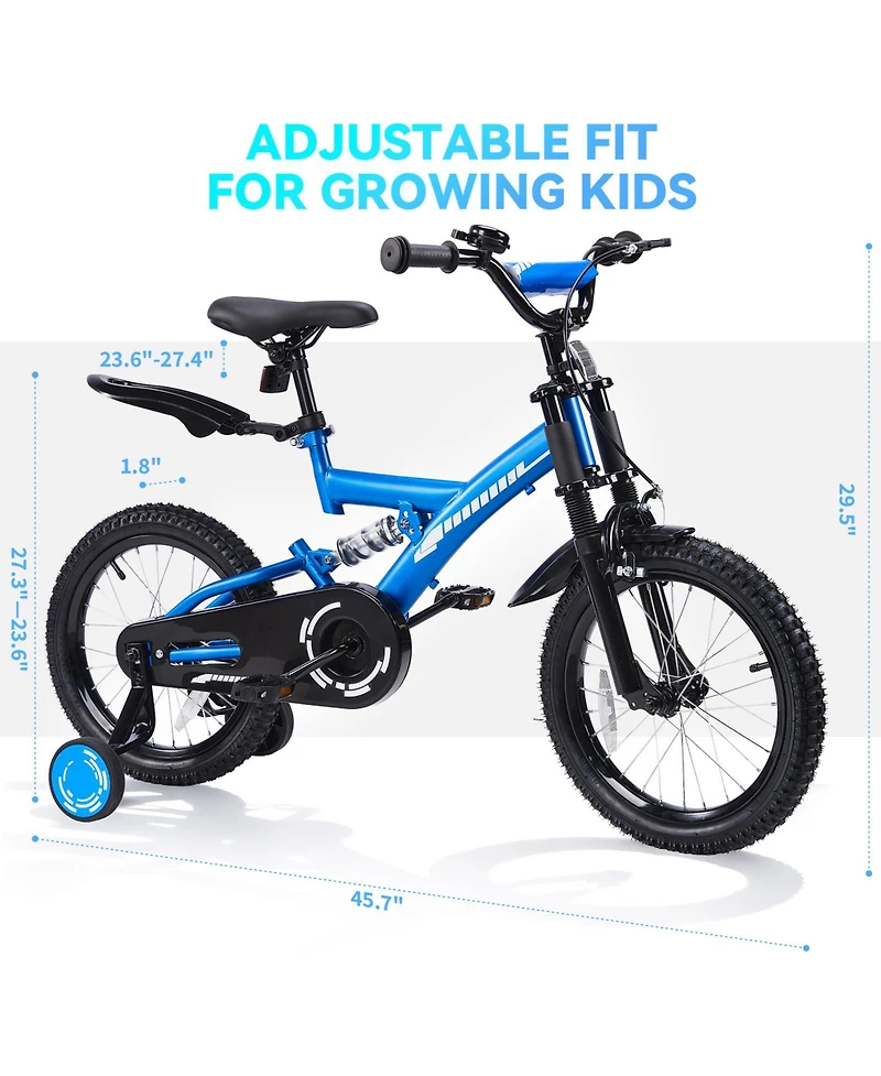 16" Kids Bike with Adjustable Seat, Dual Brakes, Suspension and Training Wheels for Ages 4–7
