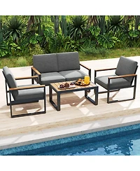 Gouun 4-Piece Outdoor Aluminum Patio Conversation Set with Loveseat, 2 Armchairs and Wood-Plastic Coffee Table