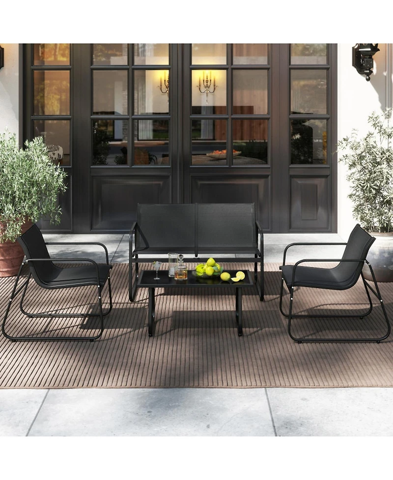 Gouun 4 Piece Patio Furniture Set, Fabric Outdoor Chairs and Loveseat with Tempered Glass Coffee Table