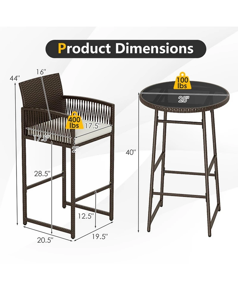 Gouun 3 Piece Outdoor Patio Bar Set with Pe Wicker Bar Height Table and 2 Cushioned Bar Chairs