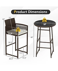Gouun 3 Piece Outdoor Patio Bar Set with Pe Wicker Bar Height Table and 2 Cushioned Bar Chairs