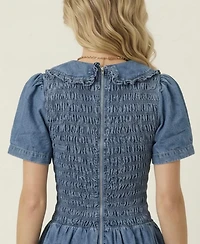 Modenaire Women's Smocked Denim Ruffle-Collar Mini Dress