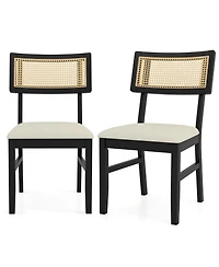 Sugift Rattan Dining Chairs Set of 2 Fabric Upholstered Kitchen Chairs with Padded Seat and Rubber Wood Legs