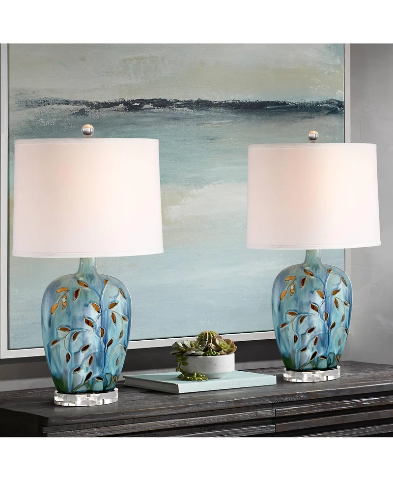 360 Lighting Devan Modern Table Lamps 24 1/2" High Set of 2 Ceramic with Led Nightlight Oval Shade for Bedroom Living Room Bedside House