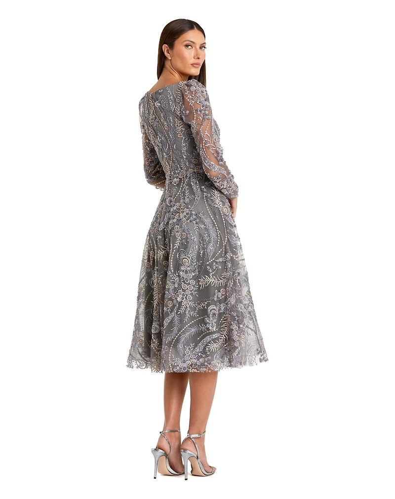 Mac Duggal Women's Floral Embroidered Long Sleeve V Neck Midi Dress