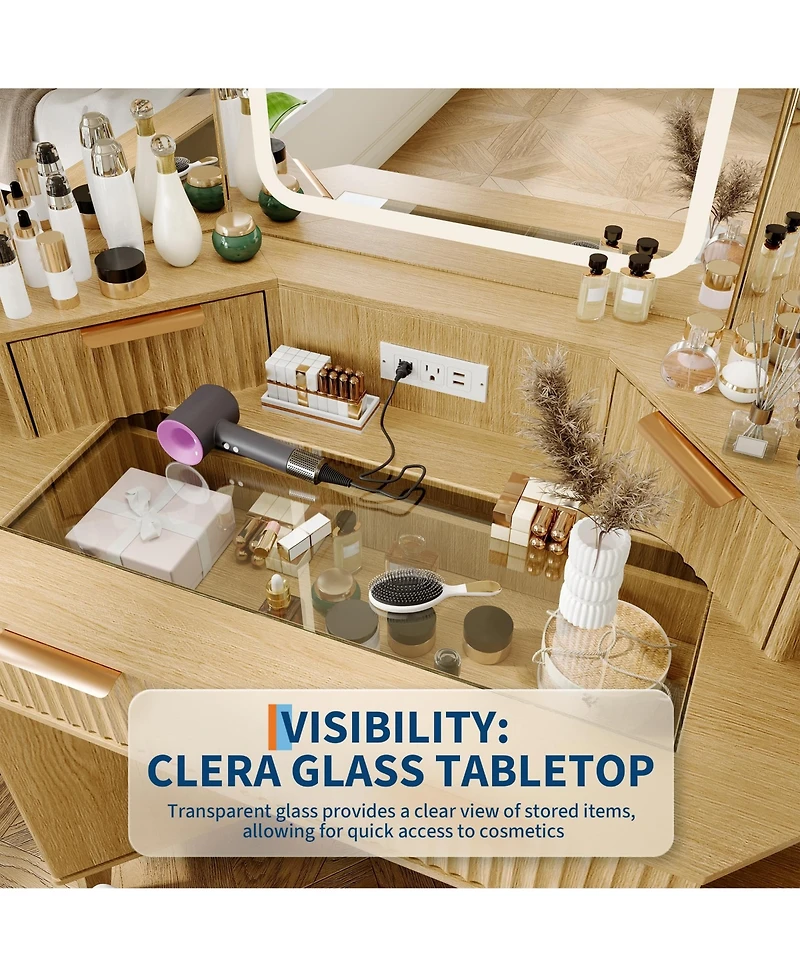 gaomon Corner Makeup Vanity Desk, Modern Vanity Desk with Hd Triple Mirror, Corner Vanitys with Clear Glass Top, Fluted Makeup Vanity Desk