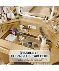 gaomon Corner Makeup Vanity Desk, Modern Vanity Desk with Hd Triple Mirror, Corner Vanitys with Clear Glass Top, Fluted Makeup Vanity Desk