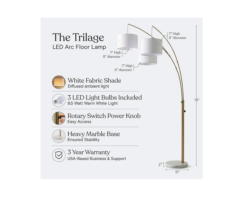 Trilage 84" Led Contemporary Arc Floor Lamp with Marble Base, Bulbs Included