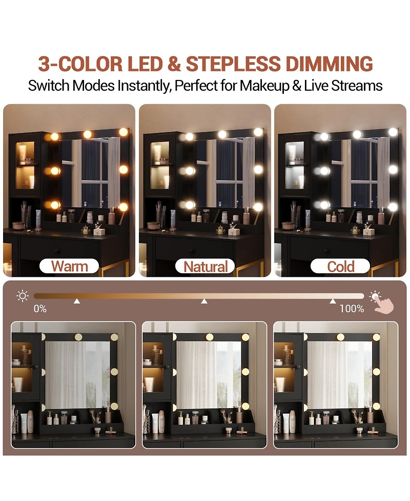 gaomon Makeup Vanity Desk with Mirror and Rgb Led Lights, Charging Station, 2 Acrylic-Door Cabinets, Open Compartments, Wooden Dressing Table