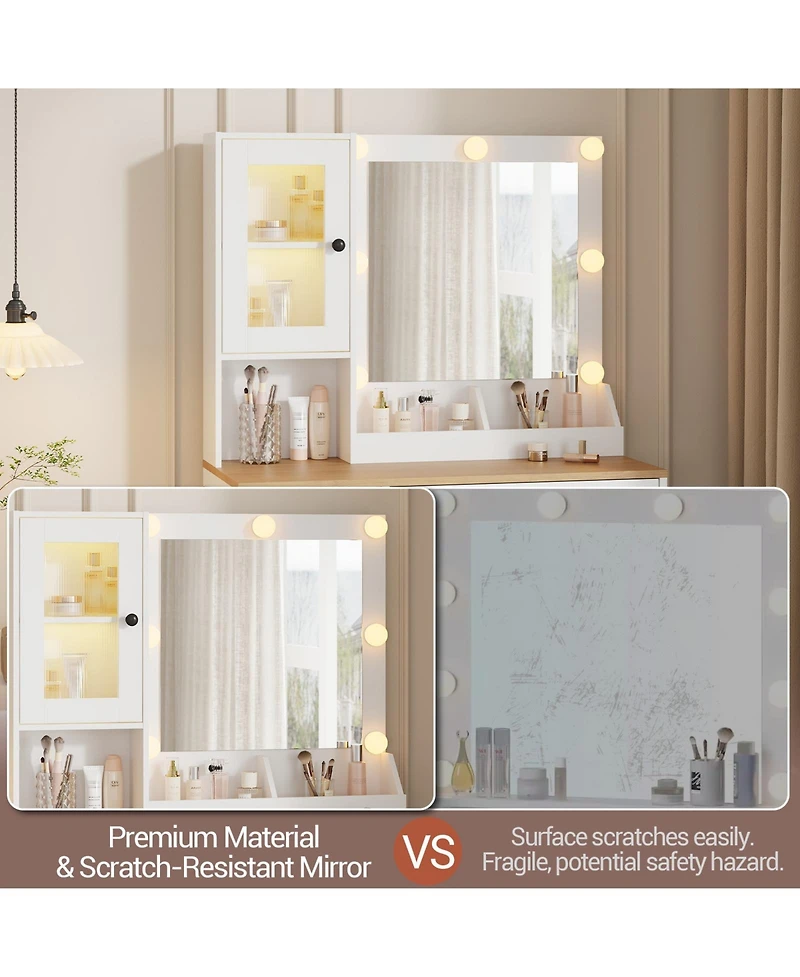 gaomon Makeup Vanity Desk with Mirror and Rgb Led Lights, Charging Station, 2 Acrylic-Door Cabinets, Open Compartments, Wooden Dressing Table