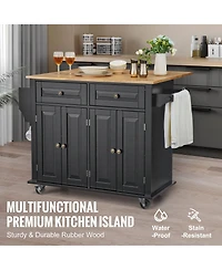 Volenca Kitchen Island Cart with 43" Wood Top, Storage Cabinet, Drop Leaf, Adjustable Shelf, Drawer, Spice Rack, Towel Bar, Hooks, Black