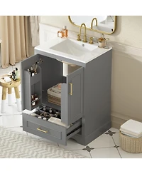 Sillysis 24 Inch Bathroom Vanity with Ceramic Sink, Solid Wood Cabinet, Soft Close Doors and Divided Drawer for Small Bathrooms