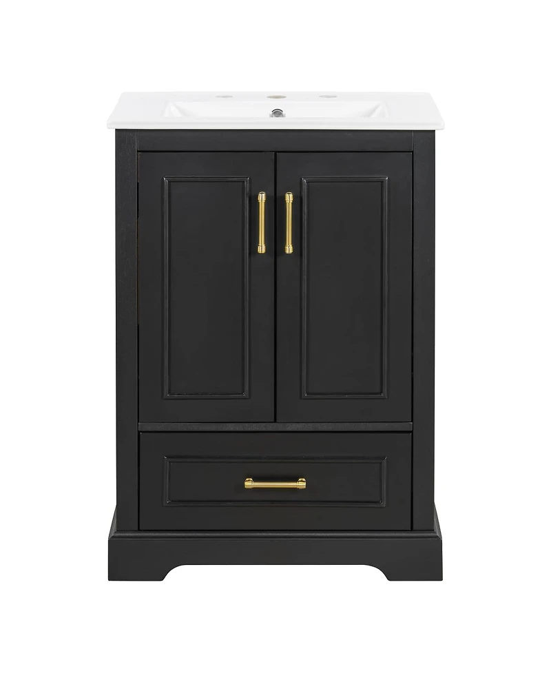 Sillysis 24 Inch Bathroom Vanity with Ceramic Sink, Solid Wood Cabinet, Soft Close Doors and Divided Drawer for Small Bathrooms