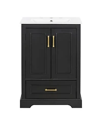 Sillysis 24 Inch Bathroom Vanity with Ceramic Sink, Solid Wood Cabinet, Soft Close Doors and Divided Drawer for Small Bathrooms
