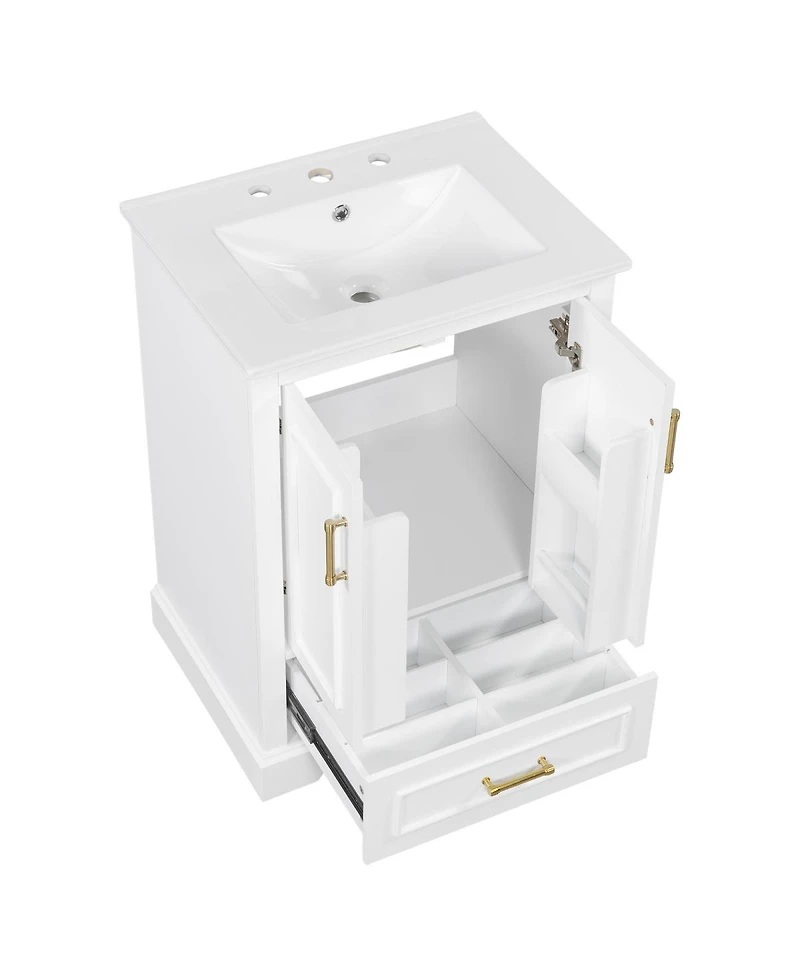 Sillysis 24 Inch Bathroom Vanity with Ceramic Sink, Solid Wood Cabinet, Soft Close Doors and Divided Drawer for Small Bathrooms