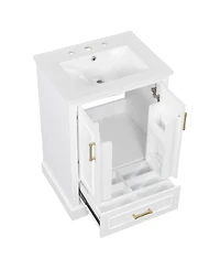 Sillysis 24 Inch Bathroom Vanity with Ceramic Sink, Solid Wood Cabinet, Soft Close Doors and Divided Drawer for Small Bathrooms