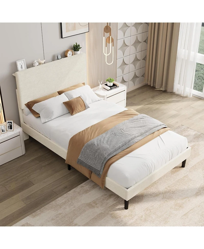 gaomon Bed Frame with Usb Charging Station, Corduroy Upholstered Platform Adjustable Storage Headboard