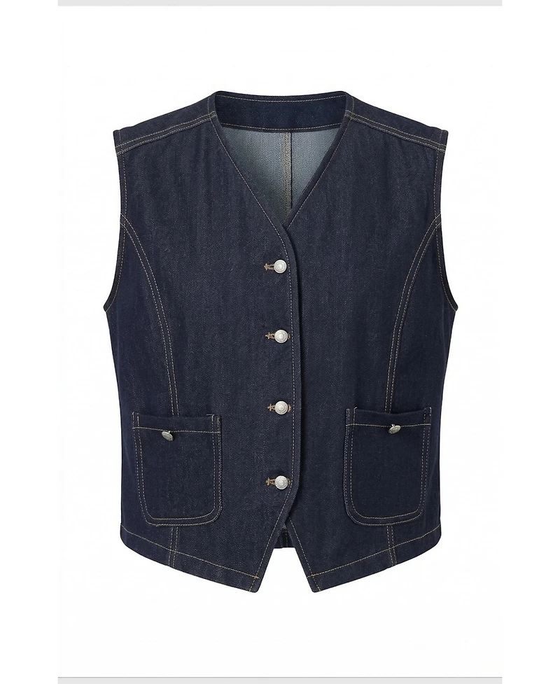 Modenaire Women's Denim Button-Front Patch Pocket Vest