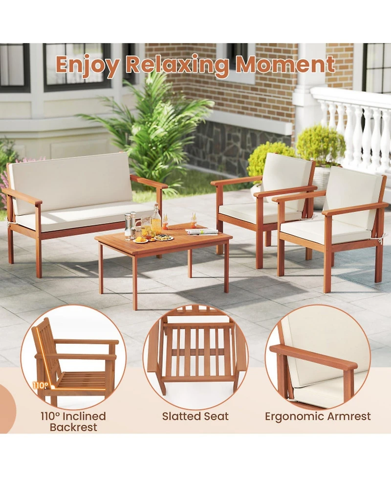 Gouun 4-Piece Acacia Wood Patio Set with Loveseat, Armchairs and Coffee Table