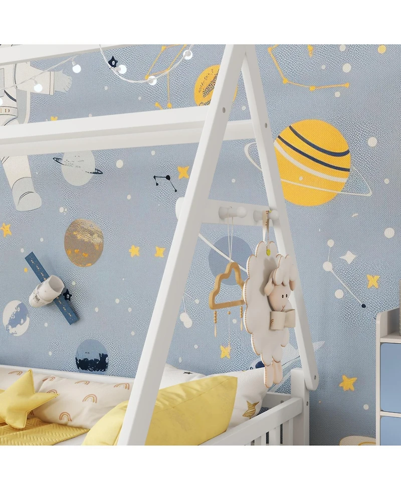 Rainsken Montesori Floor Bed for Kids, with Light and Slats, Wood Teepee Bed, Low House No Box Spring Needed