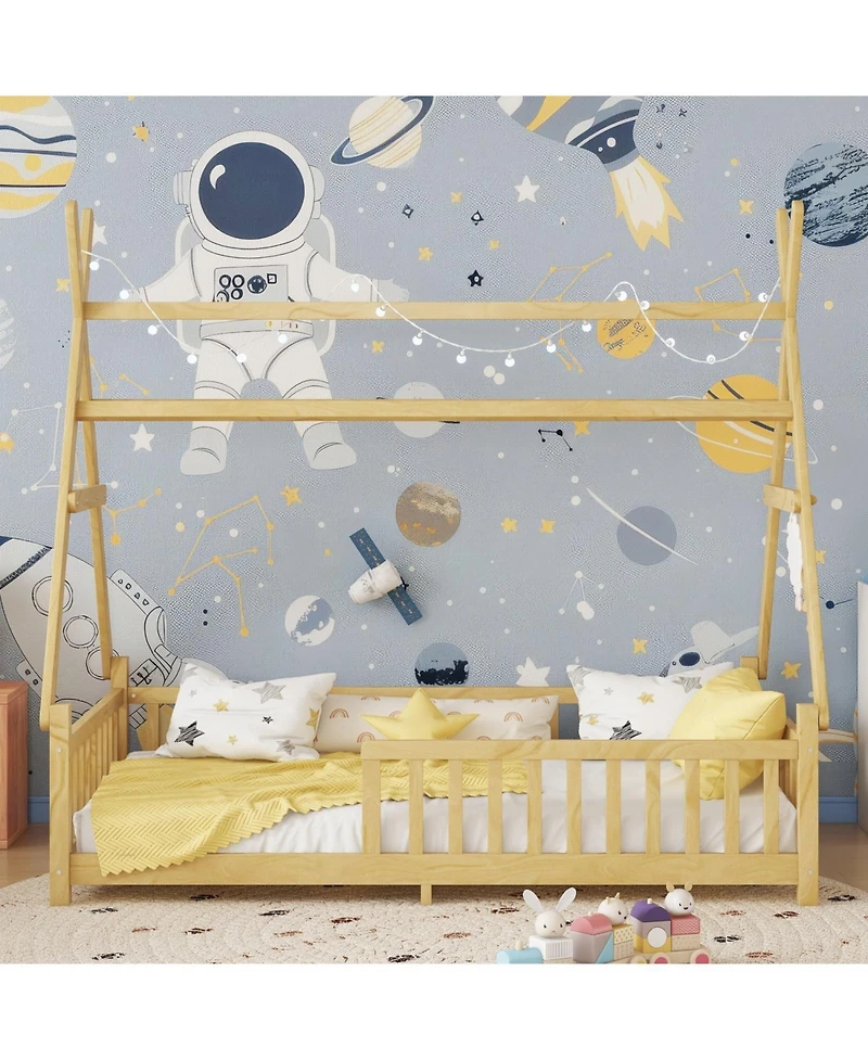 Rainsken Montesori Floor Bed for Kids, with Light and Slats, Wood Teepee Bed, Low House No Box Spring Needed