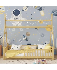 Rainsken Montesori Floor Bed for Kids, with Light and Slats, Wood Teepee Bed, Low House No Box Spring Needed