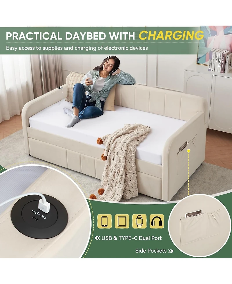 Rainsken Twin Daybed with Trundle, Velvet Upholstered Sofa Bed Frame Usb Port, Side Pockets and Wood Slat Support for Living Room