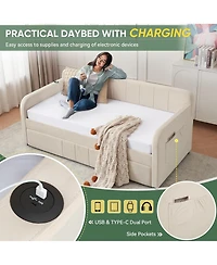 Rainsken Twin Daybed with Trundle, Velvet Upholstered Sofa Bed Frame Usb Port, Side Pockets and Wood Slat Support for Living Room