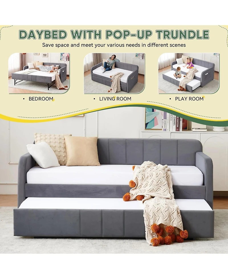 Rainsken Twin Daybed with Trundle, Velvet Upholstered Sofa Bed Frame with Usb Port, Side Pockets and Wood Slat Support for Living Room