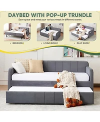 Rainsken Twin Daybed with Trundle, Velvet Upholstered Sofa Bed Frame with Usb Port, Side Pockets and Wood Slat Support for Living Room