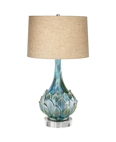 Possini Euro Design Kenya Modern Table Lamp with Round Riser 31" Tall Blue Green Ceramic Beige Linen Shade for Bedroom Living Room Bedside Nightstand