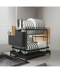 2 Tier Anti-Rust Dish Drying Rack with Drainage Spout for Kitchen