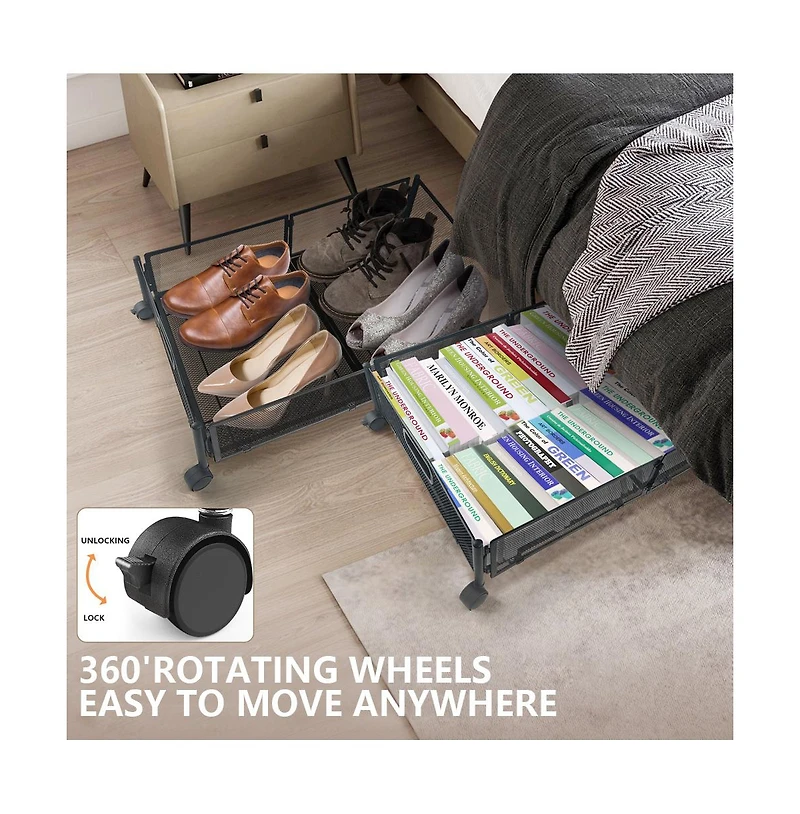 Underbed Rolling Storage Drawer with Metal Mesh Frame and Wheels, 2 Packs