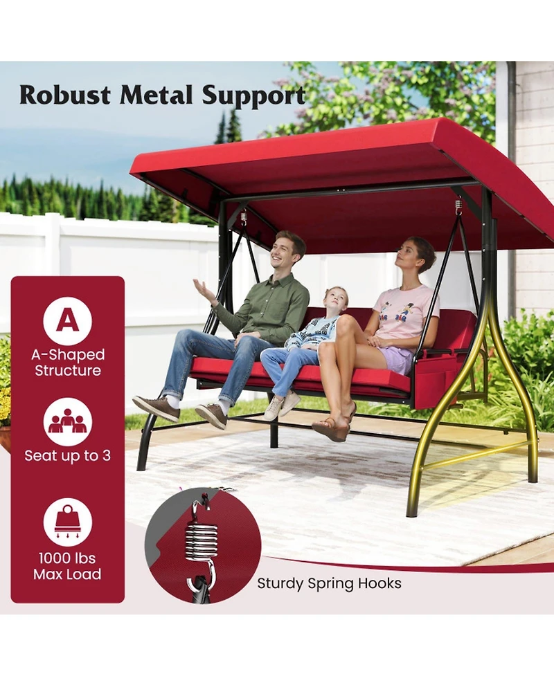 Sugift 3-Piece Patio Swing with Canopy Removable Cushions and Side Pockets