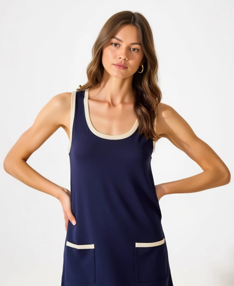 Modenaire Women's Sleeveless Knit Contrast-Trim Mini Dress with Front Pockets