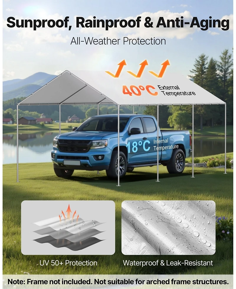 Gouun 10 x 20 Feet Carport Replacement Canopy Waterproof Uv Resistant Top Cover