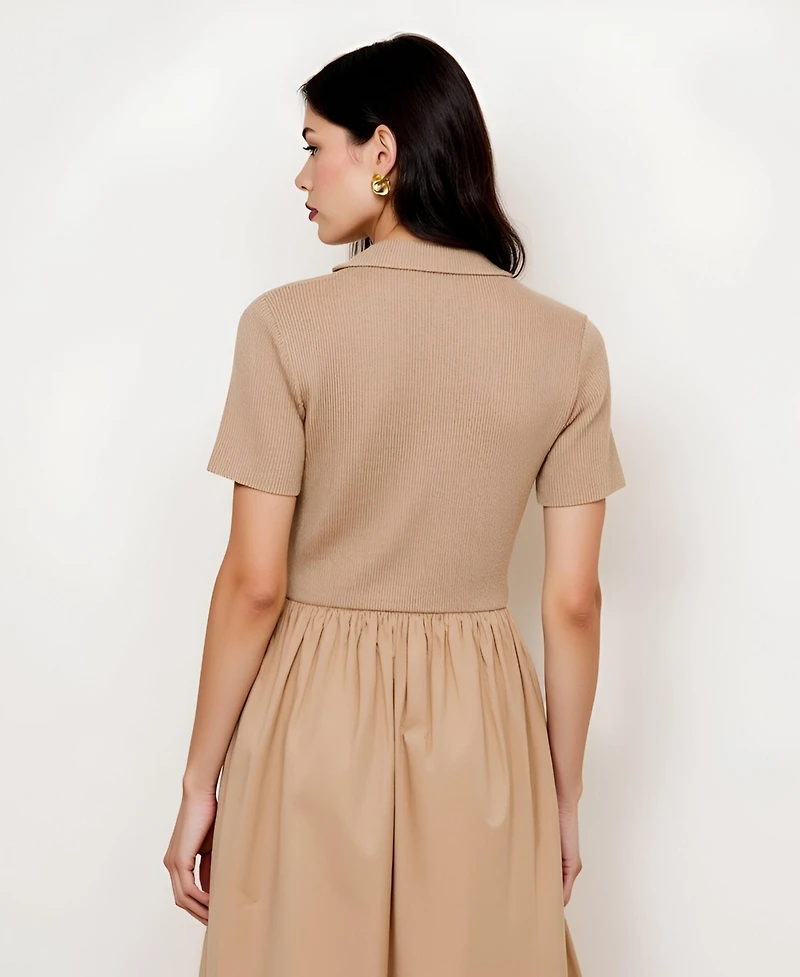 Modenaire Women's Polo Collar Short Sleeve Sweater Midi Dress