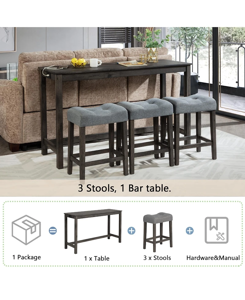 Rainsken Bar Table and Chairs Set of 4, Industrial Height Dining with 3 Padded Stools Power Outlet for Living Room