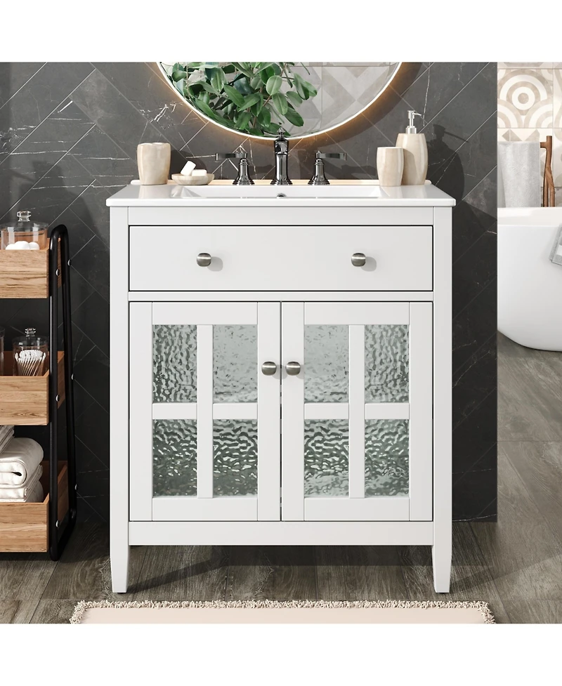 Busdays Bathroom Vanity with Ceramic Sink Adjustable Shelf Tip Out Tray Solid Wood Legs Metal Knobs Soft Close Hinges White Freestanding Cabinet