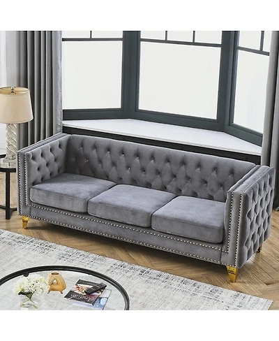 Maison Boucle 80.5'' Velvet Chesterfield Sofa Couch, Tufted 3-Seater, Nailhead Trim