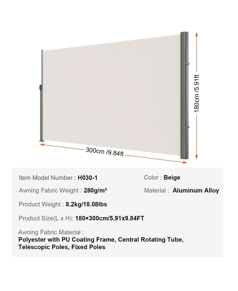 Sugift Retractable Side Awning 71in x 118in Outdoor Privacy Screen