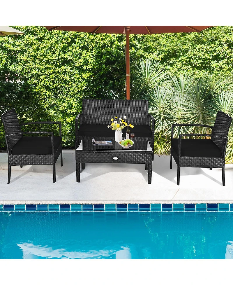 Sugift 4 Piece Patio Rattan Furniture Set with Cushioned Seating