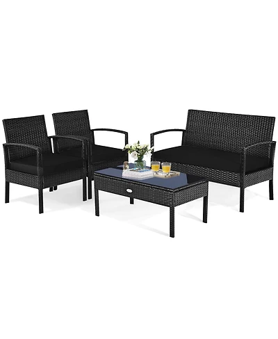 Sugift 4 Piece Patio Rattan Furniture Set with Cushioned Seating