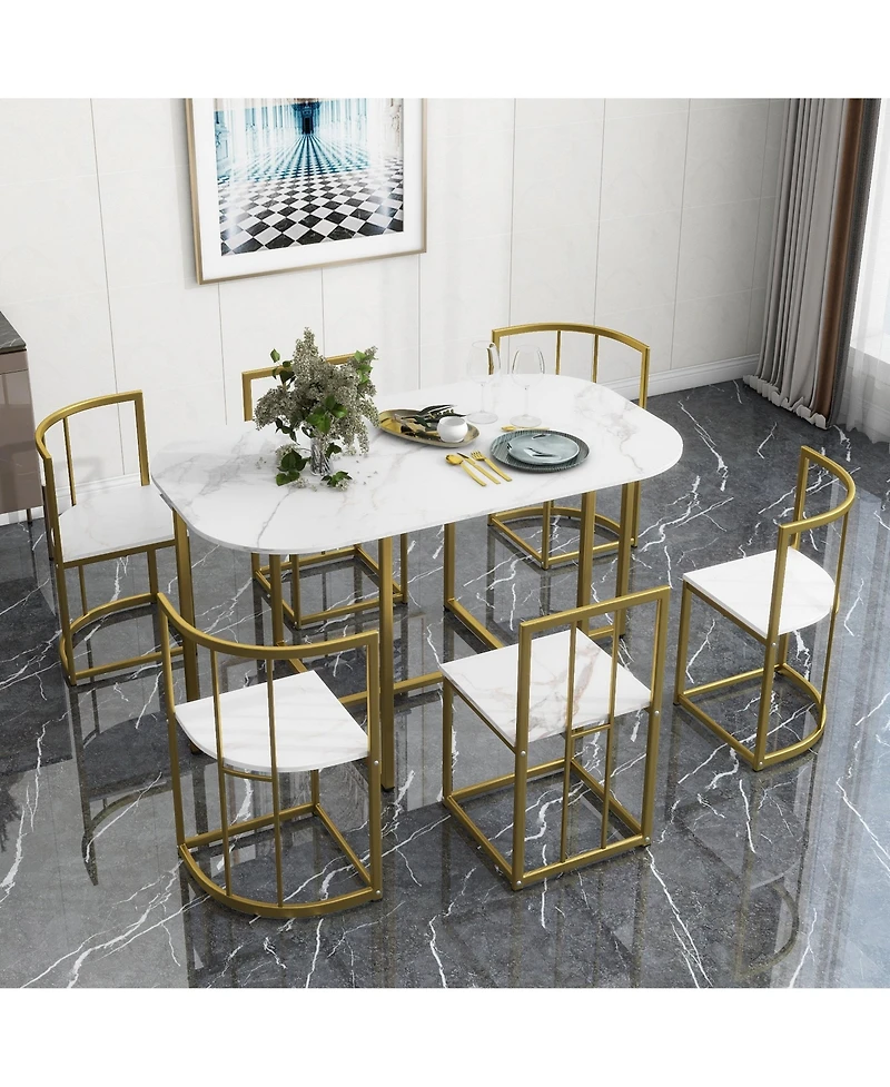 Clihome Modern 7-Piece Dining Table Set with Faux Marble Compact 55Inch Kitchen Table Set for 6.