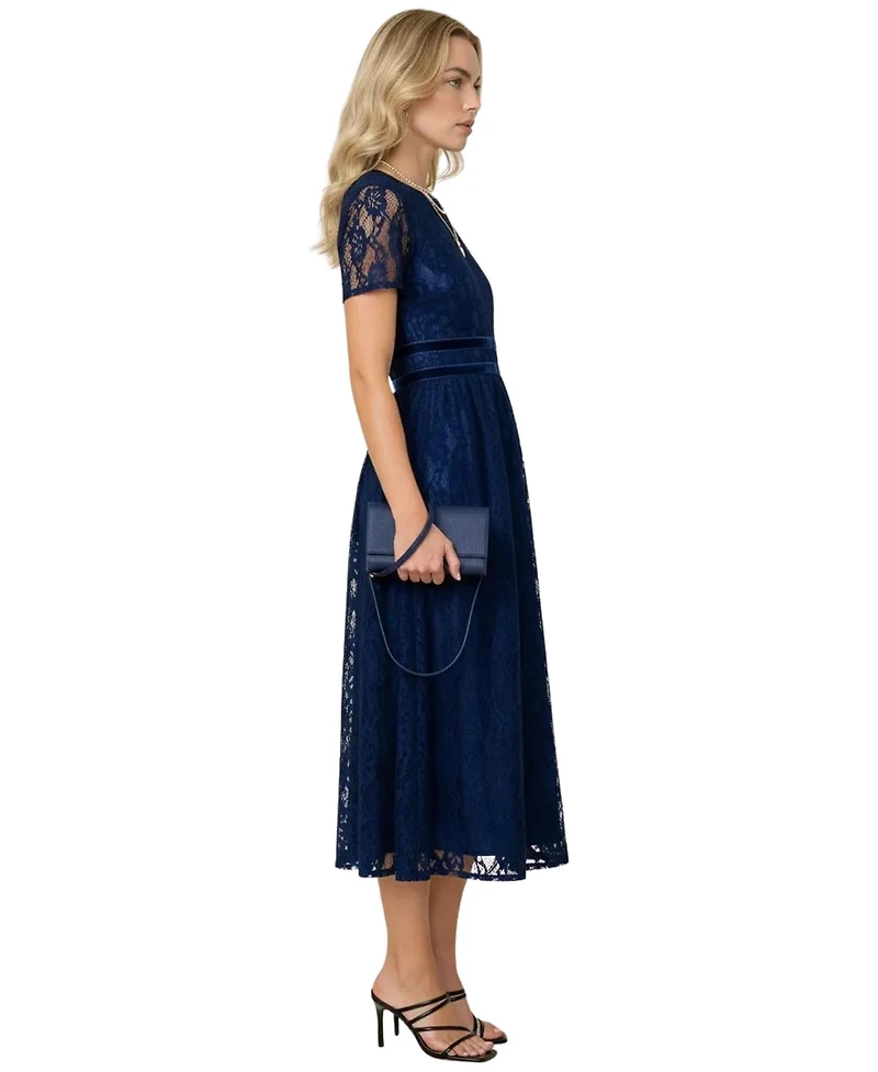 Modenaire Women's Lace Midi Dress with Sheer Short Sleeves and Velvet Waistband
