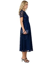 Modenaire Women's Lace Midi Dress with Sheer Short Sleeves and Velvet Waistband